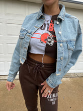 Load image into Gallery viewer, SUNDAYS ARE BETTER IN CLEVELAND CROPPED DENIM JACKET
